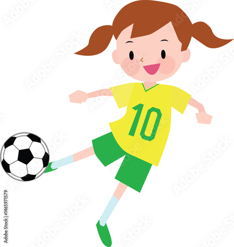 Illustration of a girl wearing yellow and green jerseys kicking a soccer ball. Vector Illustration.