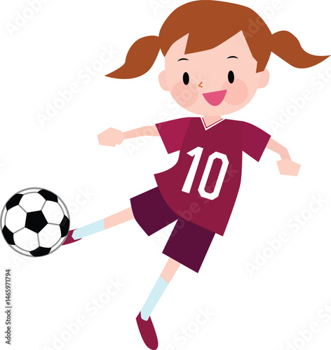 Illustration of a girl wearing maroon jerseys kicking a soccer ball. Vector Illustration.