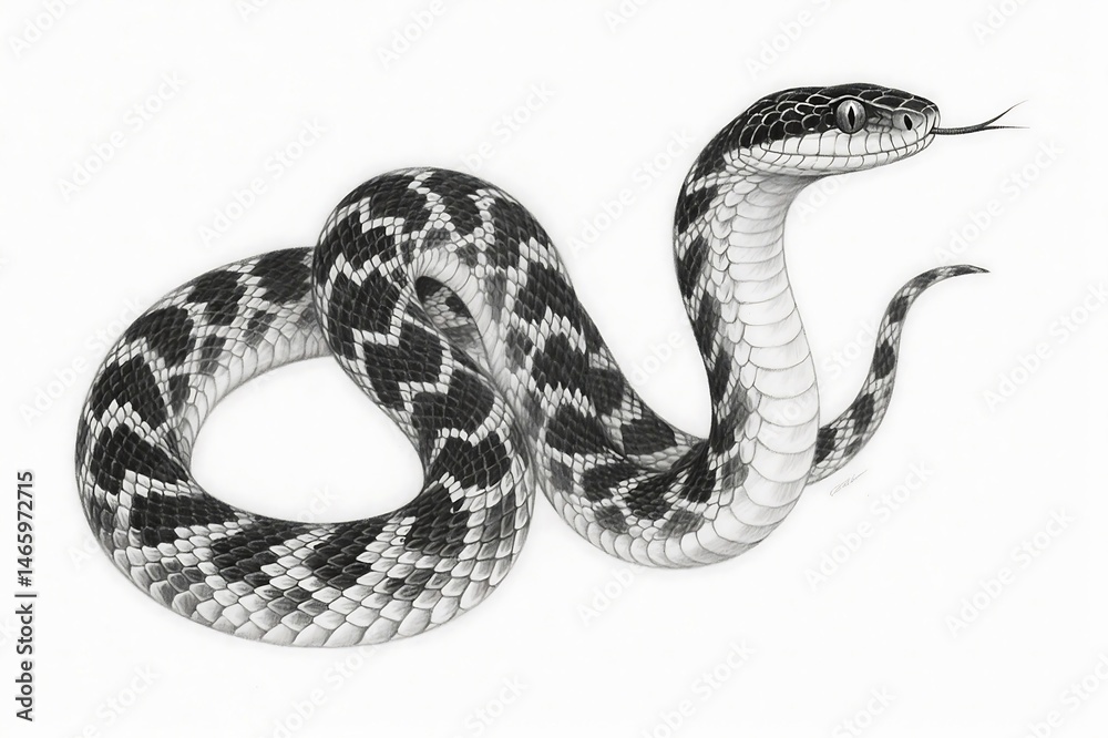 Fototapeta premium Detailed black and white drawing of an Anaconda snake in its serpentine form, perfect for wildlife illustrations, naturethemed designs, and educational resources.