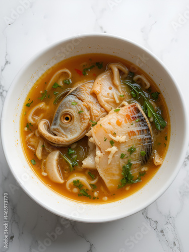 Fish maw soup on white background.