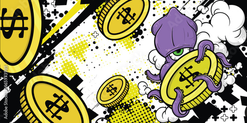 Octopus and gold coin design on white abstract background vector