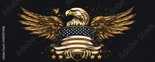 A gold eagle with a flag in its talons. The eagle is surrounded by stars