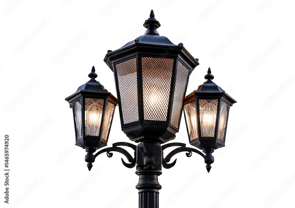 Classic black street lamp with glass panels isolated on transparent or white background Classic black street lamp with glass panels isolated on transparent or white background