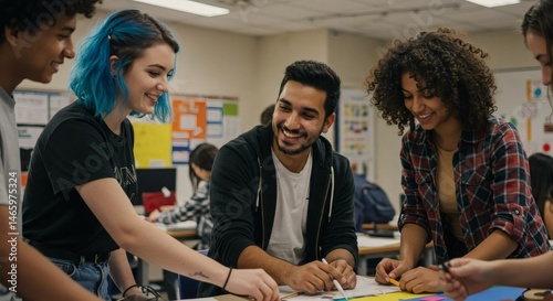 Diverse students collaborating on project in classroom learning teamwork and creative problem solving skills