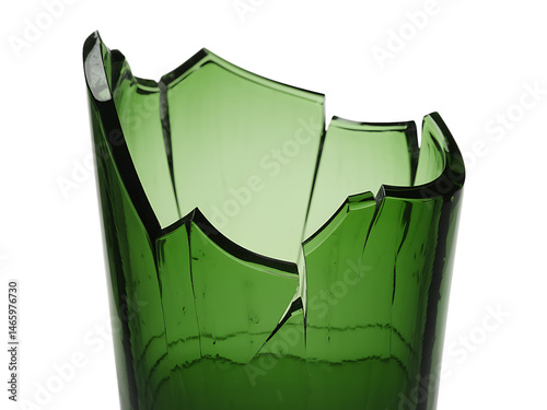 Close-up of a broken green glass bottle showing sharp edges and shattered fragments