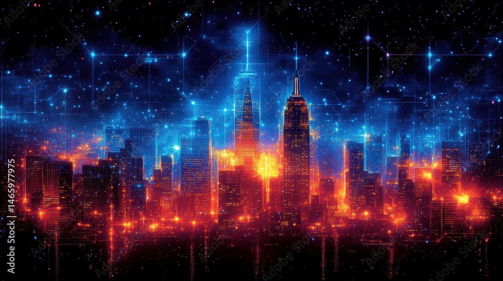 Obraz premium Neon metropolis under starry skies vibrant cityscape with digita