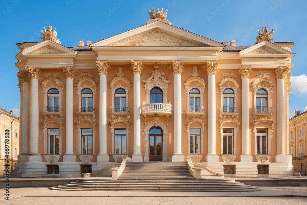 Obraz premium A grand yellow mansion featuring a spacious porch and stone foundation.