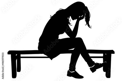 Lonely Girl on a Bench Sits in Silence, Feeling Overwhelmed and Lost in Her Thoughts During the Evening Twilight Generative AI