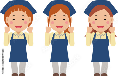 がんばりますと笑顔の紺色エプロンの若い女性。その2