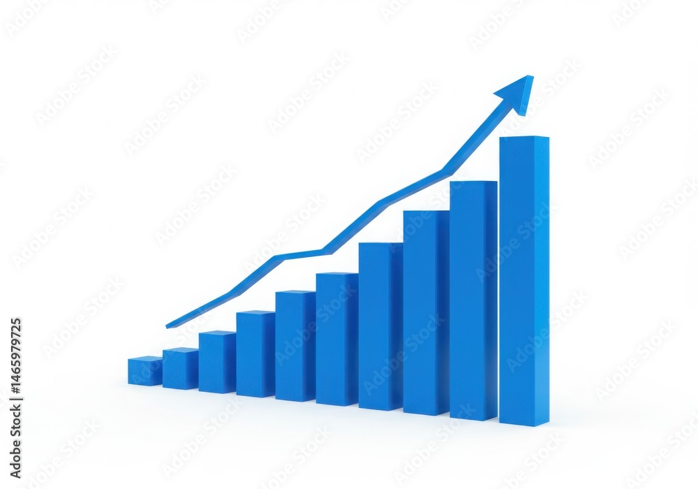 Blue bar graph with arrow showing upward trend line isolated on white background Blue bar graph with arrow showing upward trend line isolated on white background