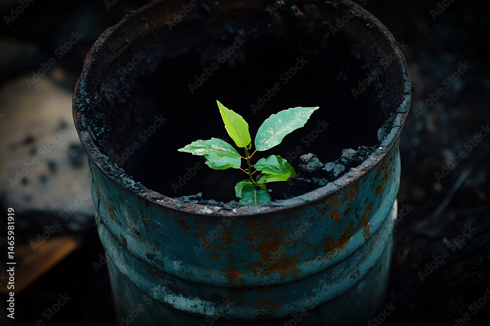 Green plant emerging from cracks in rusted petroleum barrel, highlighting environmental recovery and nature resilience in damaged industrial zone where fuel once dominated soil.