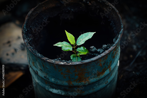Obraz na płótnie Green plant emerging from cracks in rusted petroleum barrel, highlighting environmental recovery and nature resilience in damaged industrial zone where fuel once dominated soil. w salonie