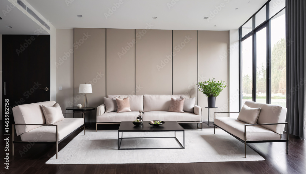 Fototapeta premium Symmetrical living room showing contemporary furniture, large windows, and a neutral color palette.