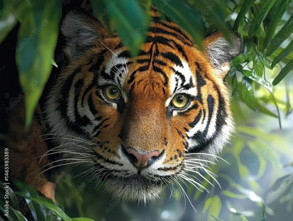 Fototapeta premium Intense Gaze of a Tiger Hidden in Lush Green Foliage