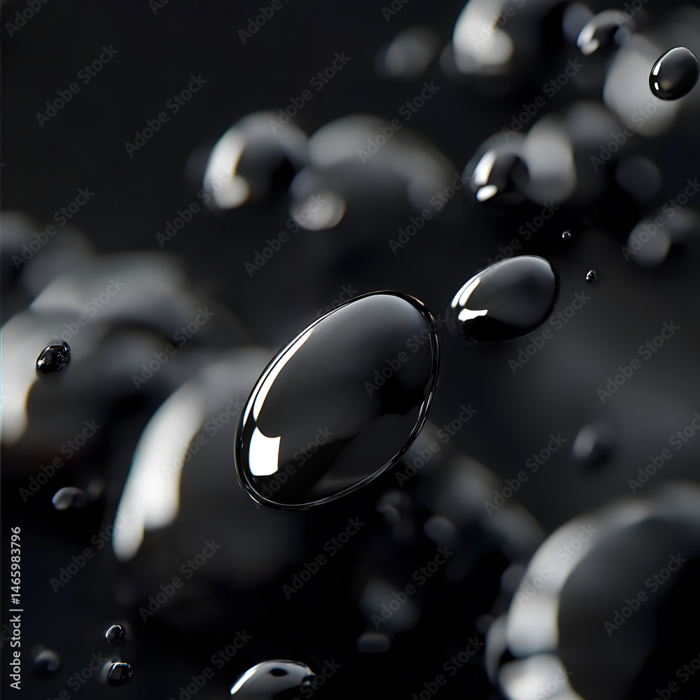 Abstract depiction black petroleum droplets suspended in transparent space, revealing the texture, density, and form liquid fuel in scientific and visually minimal representation of energy.