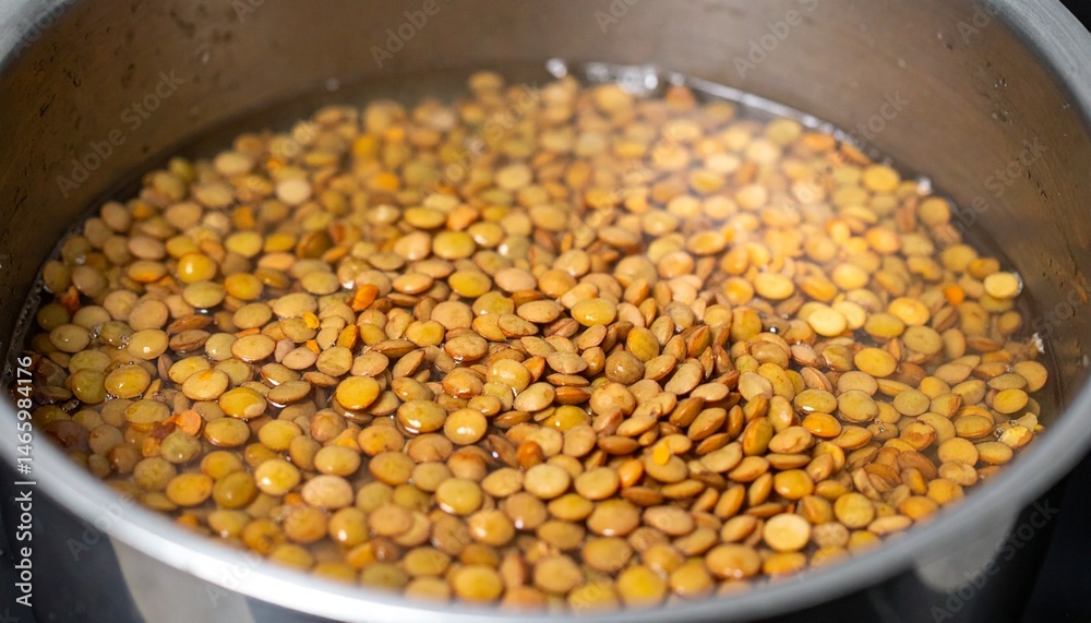 High resolution image of lentils cooked in boiling water, healthy vegan food preparation, minimalist style High resolution image of lentils cooked in boiling water, healthy vegan food preparation, minimalist style
