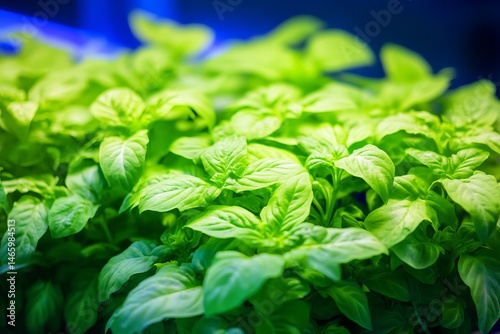 Greenhouse-grown plants under blue LED light in a controlled indoor environment photo