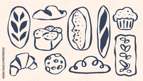Minimalist Loaf of Bread, Bread Bakery and Baking , Hand Drawn Whimsical Sourdough, Baguette, White Bread, Challah, Cookies , Pastry in SVG Vector