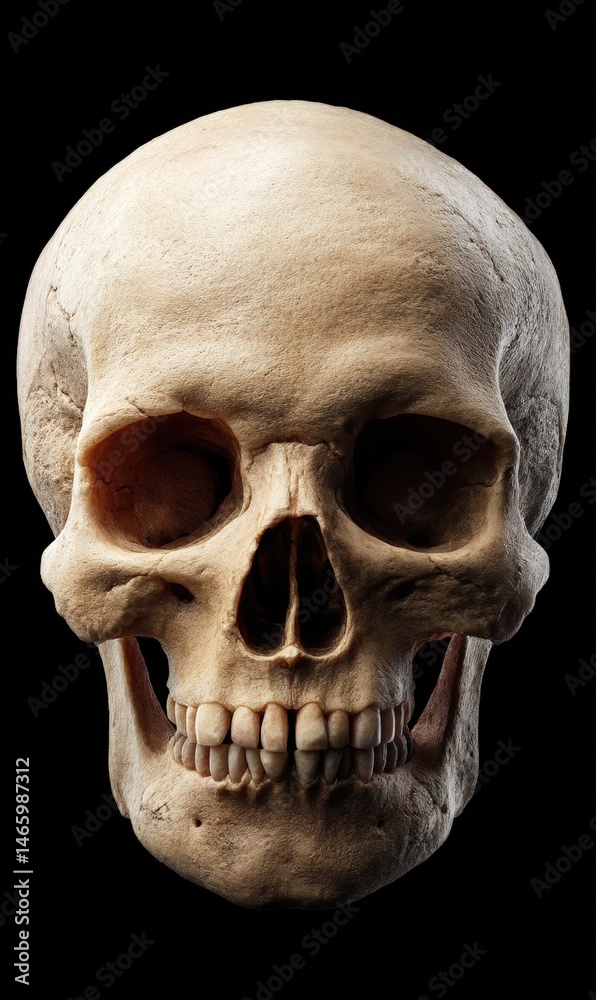 Obraz premium Detailed human skull against a stark black background.