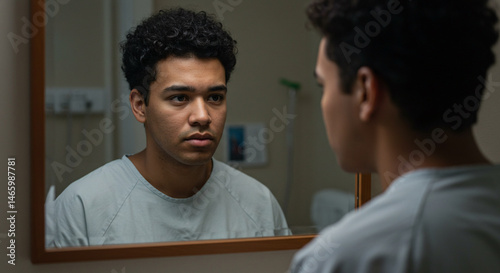 Man looking in mirror reflection portrait introspection self image curly hair young face