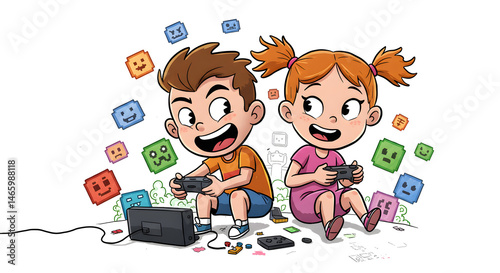 Cartoon kids playing video games together illustration for children gaming entertainment concept design