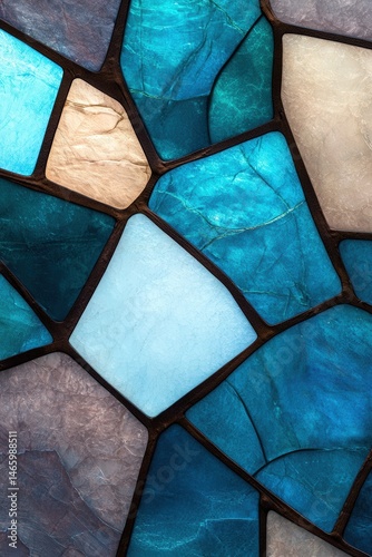 Abstract stained glass mosaic with blue and beige hues.