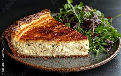 Savory quiche slice with fresh salad on plate.