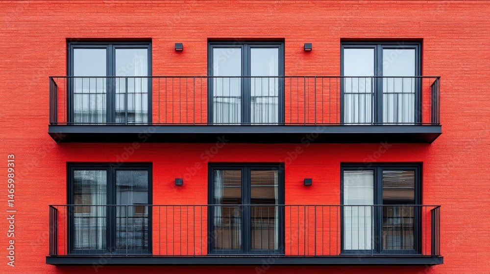 Obraz premium Vivid red brick building facade with symmetrical windows and bal