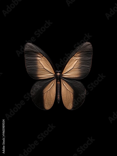 Elegant butterfly with bronze and black wings on black.