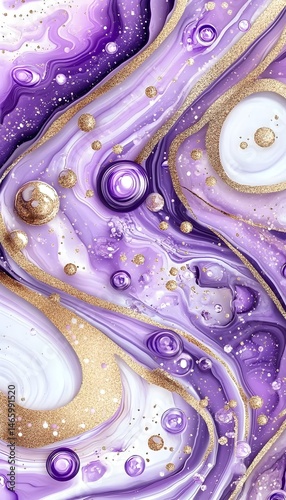 Swirling purple and gold abstract art with glossy bubbles and glitter