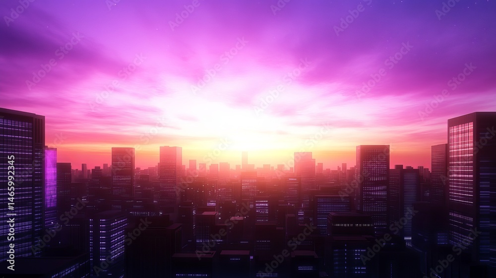 Fototapeta premium Vibrant Cityscape at Sunset Pink and Purple Sky Over Modern Buildings