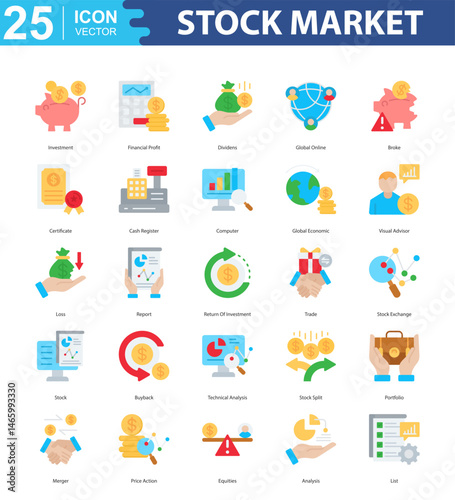 Stock Market icon sheet vector illustration investment, financial profit, dividens, global online, broke, certificate, cash register, computer, global economic, visual advisor, loss, report