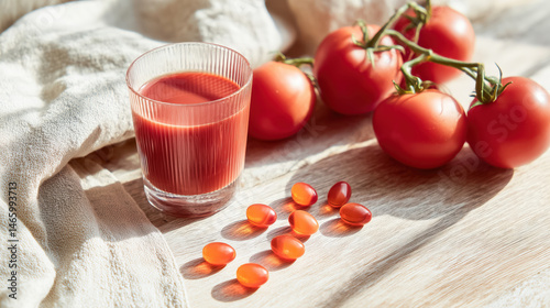Tomato juice and lycopene supplements with fresh tomatoes on wooden table