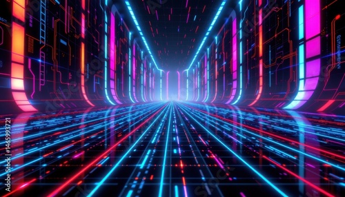 The futuristic digital landscape is filled with endless grids that glow in various colors, creating a mesmerizing and immersive environment that seems to stretch on infinitely.