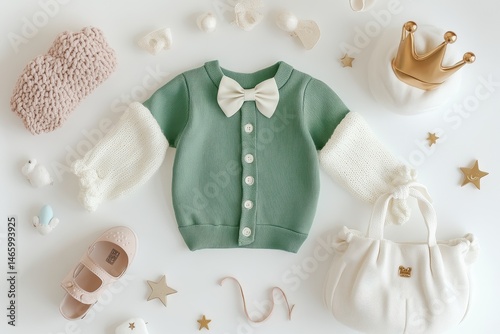 Baby girl's cardigan, accessories laid out.  Cream and sage green ribbed knit cardigan with puffed sleeves and bow tie.  Soft accessories including a cream purse, crown, shoes, and fluffy knit items