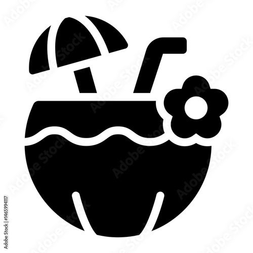 coconut drink glyph icon with straw umbrella