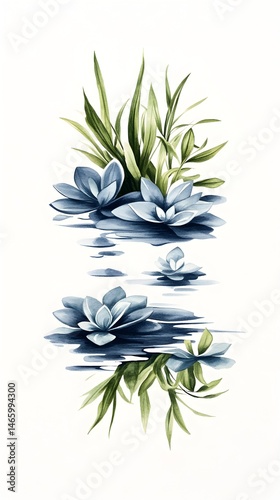 Serene water lilies and aquatic plants reflected in calm water