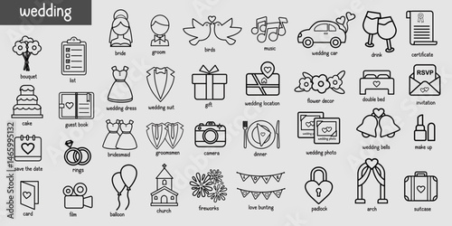Set of outline wedding icons, Wedding elements collection, Marriage icon vector