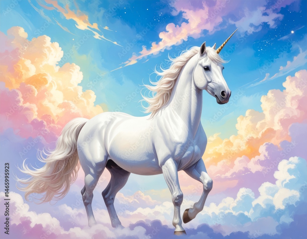 Naklejka premium Majestic White Unicorn Galloping Through Colorful Dreamy Sky