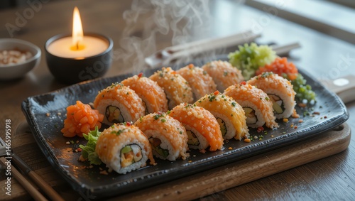 Delicious sushi rolls arranged on a black plate, garnished with vegetables, next to a glowing candle, perfect for food photography and culinary art.