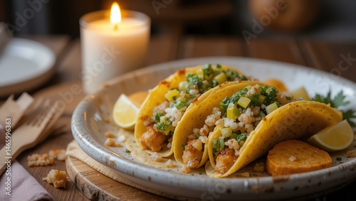 Delicious tacos served on a rustic plate, garnished with fresh toppings and a slice of lime, creating a warm, inviting dining experience.