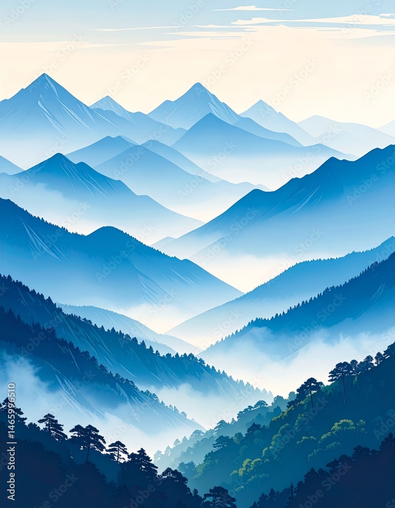 Serene Blue Mountain Landscape with Misty Valleys and Peaks