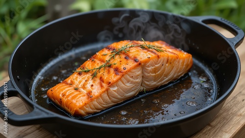 Deliciously cooked salmon fillet garnished with fresh herbs, served hot in a cast iron pan, showcasing culinary artistry and vibrant flavor.