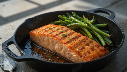 Freshly grilled salmon fillet served with sauteed asparagus, showcasing vibrant colors and textures in a culinary masterpiece on a rustic table.