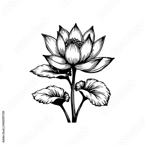 Elegant lotus flower drawing in delicate monochrome, isolated against white background