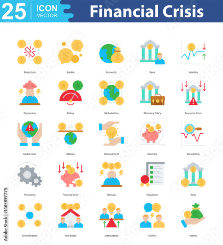 Financial Crisis icon sheet vector illustration blockchain, bubble, economic, bank, volatility, depression, rating, globalization, monetary policy, economic crisis, global crisis, balance, development
