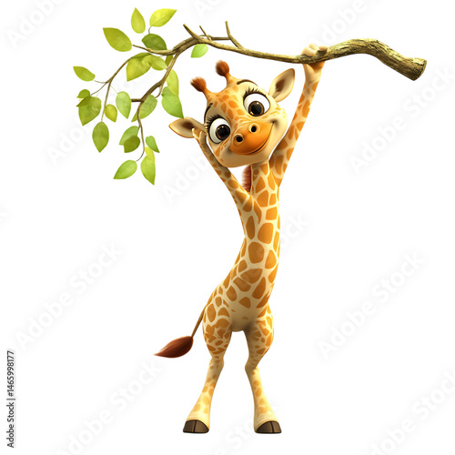 A Cartoon Giraffe Stretching to Reach a High Branch Isolated on Transparent Background