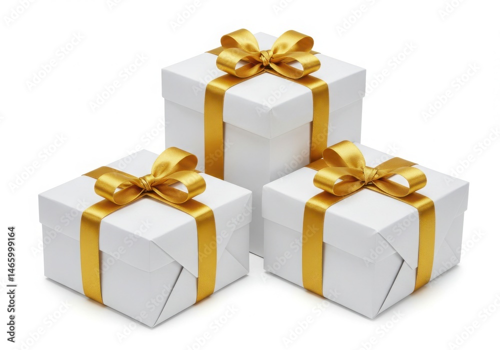 Obraz premium Three white gift boxes with gold ribbons stacked on a white background