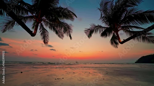 Beautiful golden sunset on a wild tropical beach. The sun sets over horizon, view through the silhouette of palm tree. Large waves in the background