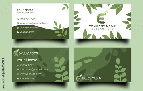 A vector design template showcases a set of eco business cards featuring a natural green leaf illustration for a modern and organic concept